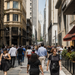 Rua movimentada do Centro de São Paulo com estabelecimentos gastronômicos ao redor