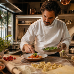 Chef finaliza prato de inspiração italiana em cozinha profissional de São Paulo durante evento gastronômico regional