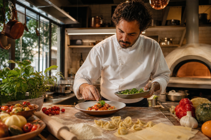 Chef finaliza prato de inspiração italiana em cozinha profissional de São Paulo durante evento gastronômico regional